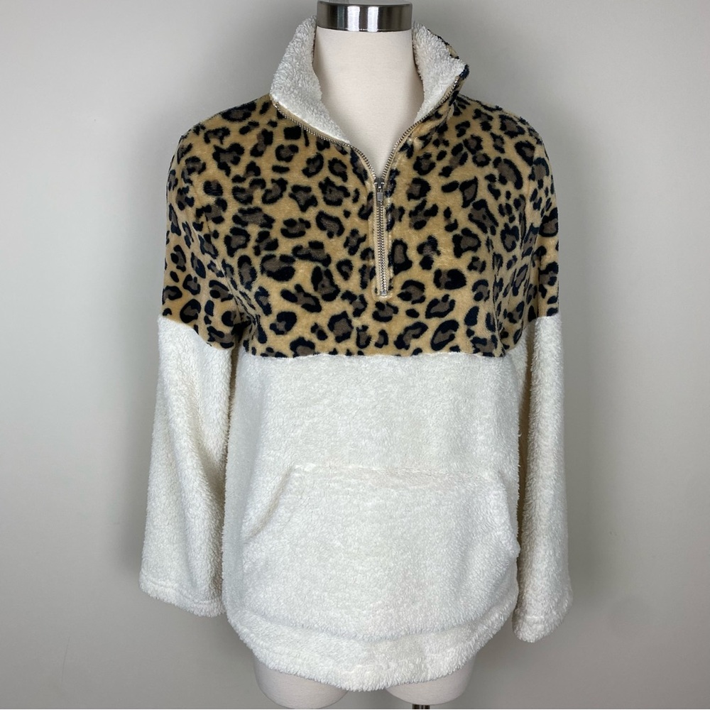 C+D+M Teddy Bear Pullover Jacket Animal Print Sherpa 1/4 Zipfront Sz L Two Tone